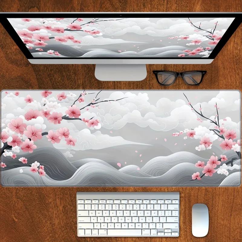

Wavy cherry blossom anti-slip mouse pad with seam edge desktop office pads XXL large size suitable for computer gaming laptoppad