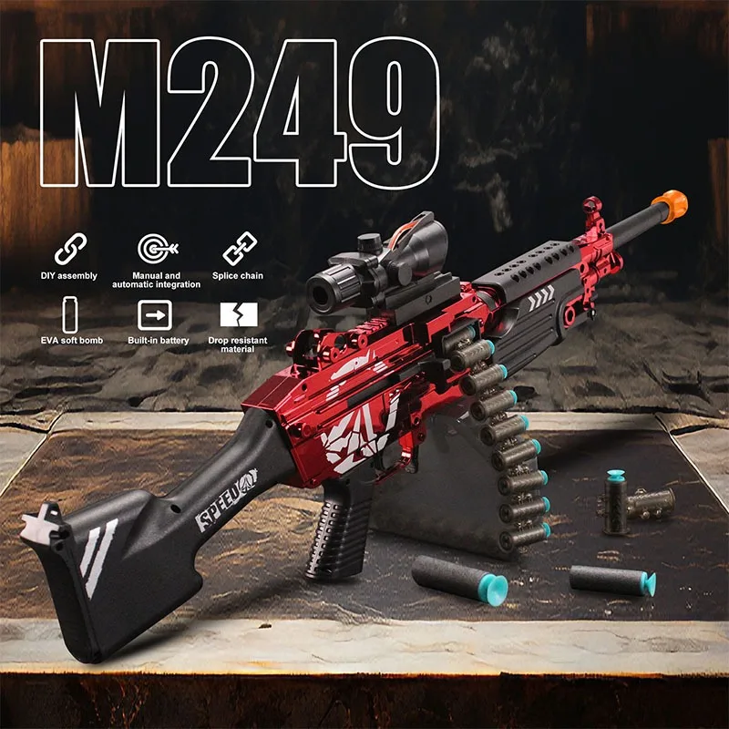 M249 Pistola de juguete eléctrica azul y roja con modos de disparo eléctricos y manuales duales, 60-70FPS y alcance de disparo de 15 m