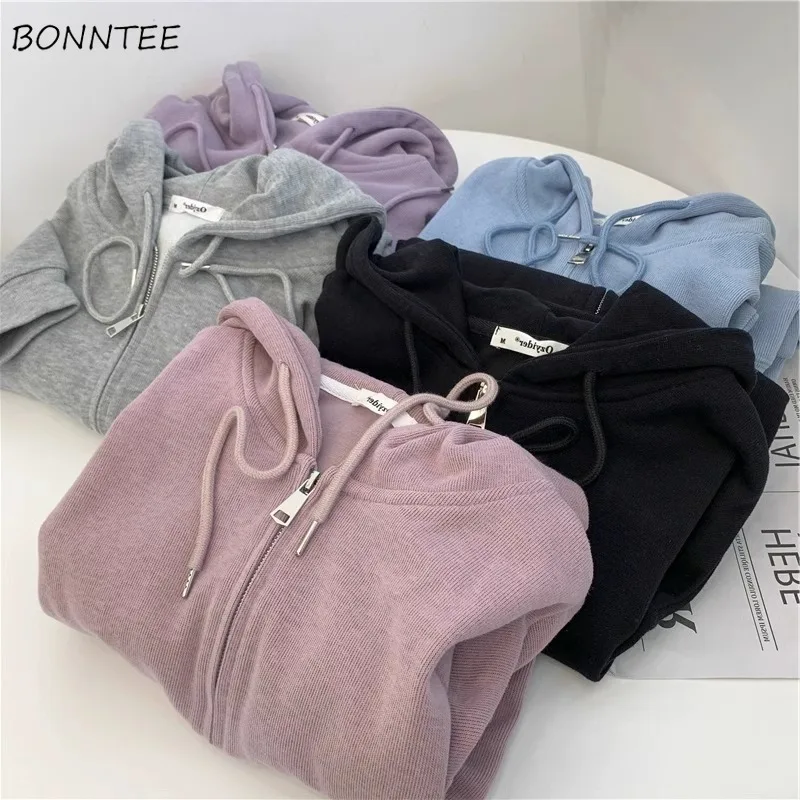 With Hat Hoodies Women Autumn Winter Korean Style Zippers Lace-up Solid Long Sleeve Tops Simple Pockets Home Soft Harajuku Loose