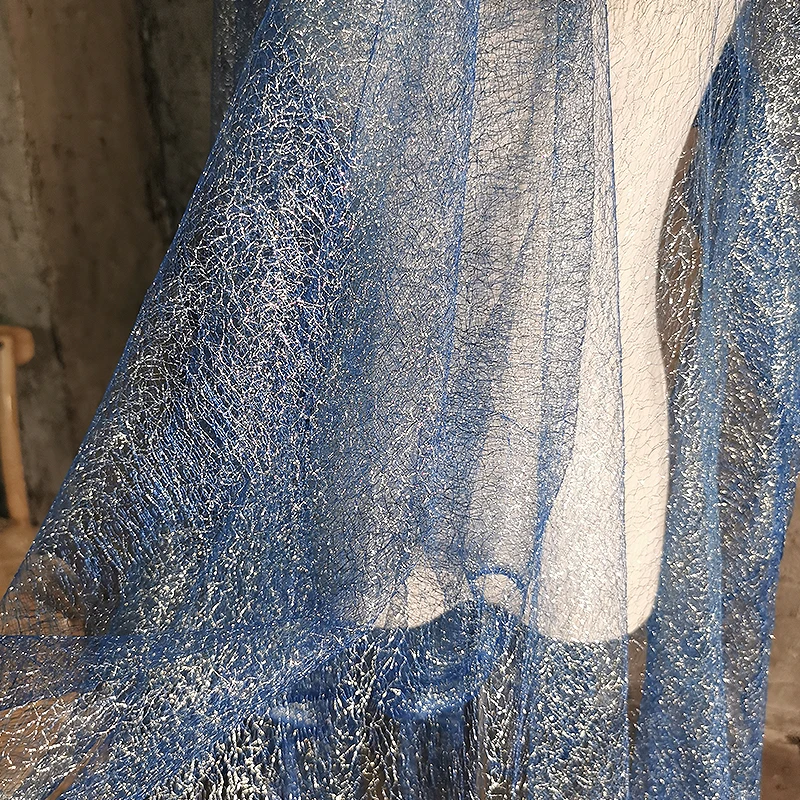 Designer Fabric Irregular Hollow-out Mesh Blue Texture Mesh Transparent Cloth