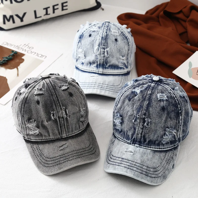 

Vintage Wash Denim Baseball Cap Men Casual Washed Old Hole Jean Baseball Cap Men Blank Snapback Hat Women Hip Hop Cap Bone