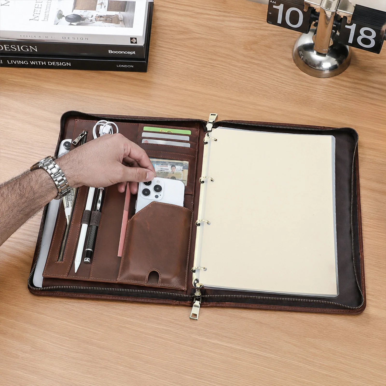 Genuine Leather Professional Business A4  Portfolio 4 Ring Binder with Paper Padfolio Pen Phone Holder Card Slots iPad 12.9 Case