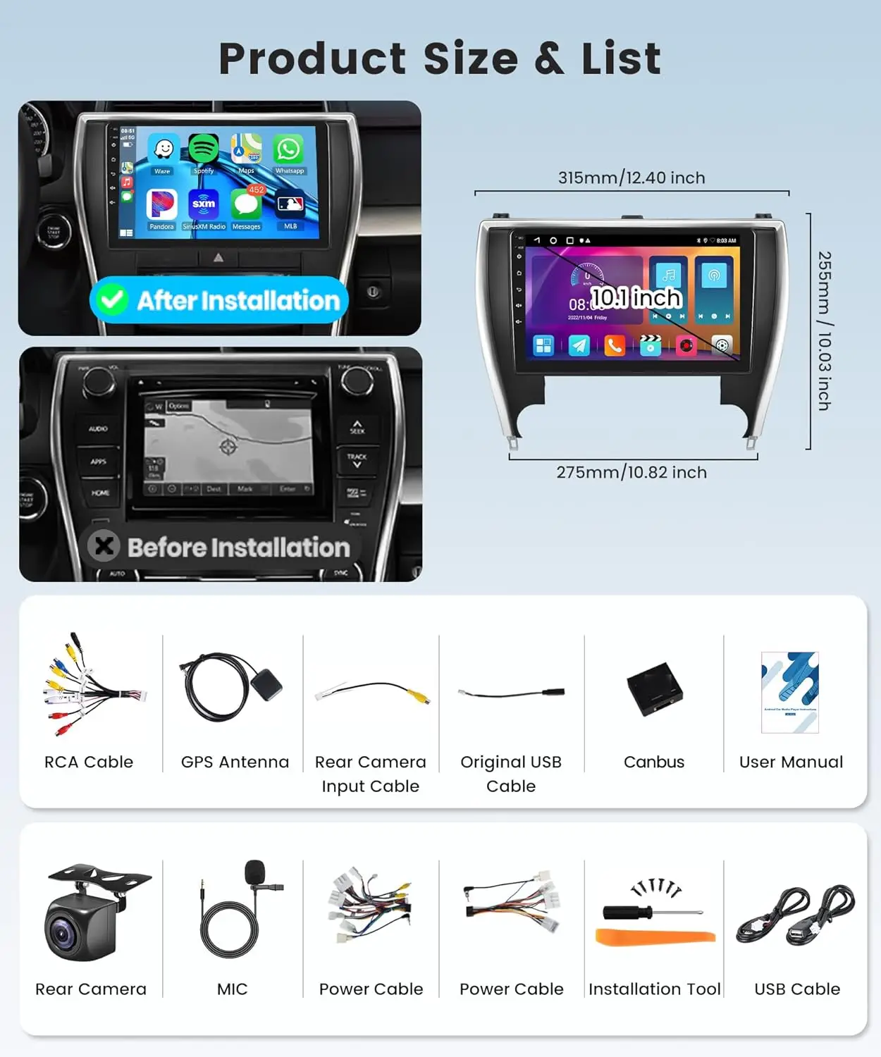 4Core 2G+64G Car Radio for Toyota Camry 2015-2017, Android 10.1' Touch Screen with CarPlay, Android Auto, GPS, Bluetooth, WiFi,