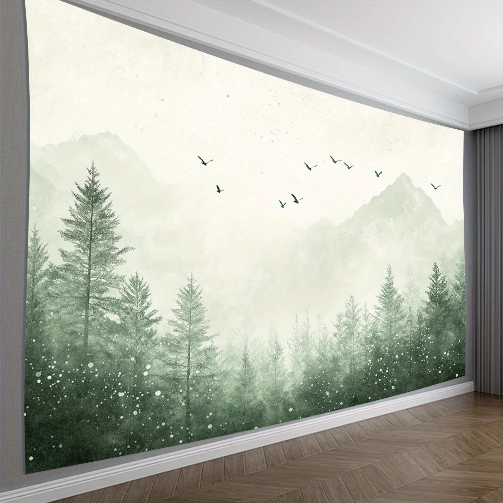 Minimalist Pine Forest Wall Hanging, Misty Mountain with Flying Birds Watercolor Art Fabric for Bedroom Living Room Decor