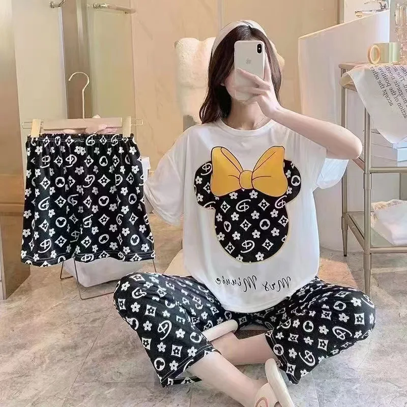 Women Three-piece Set Senior sense Pajamas Print Sleepwear Set Young Girls   Round Neck Short Sleeved Top Loungewear Homewear