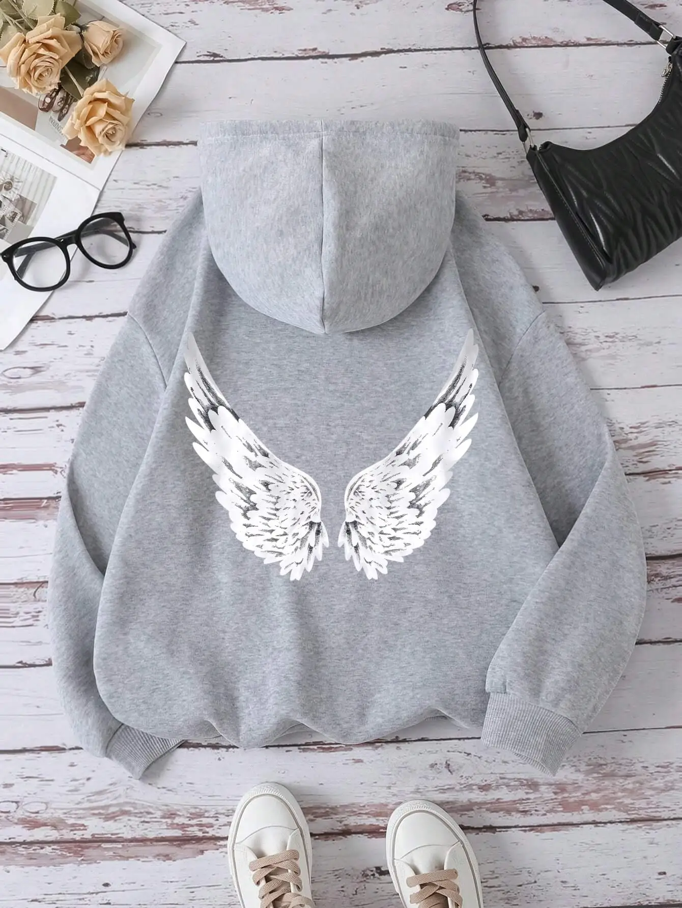 Sweat à Capuche Femme Oversize Imprimé Ailes Y2K - Hoodie Streetwear Fantaisie Chaud Automne Hiver