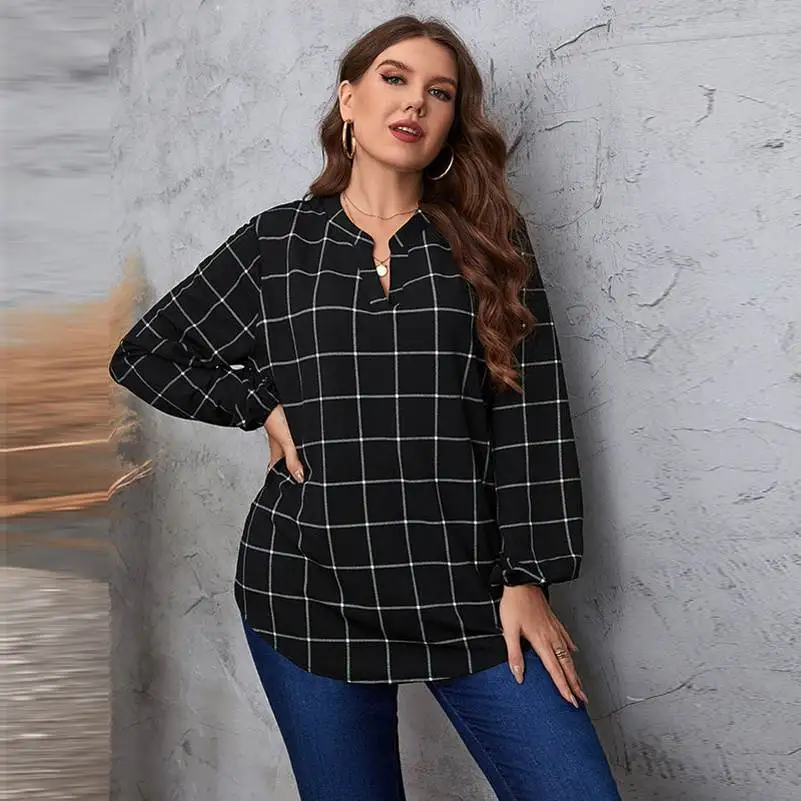 

Retro Plaid plus Size Women's irt Large Ladies Blo V-Ne Long Sve Commute Sle Regular Fit Pear Body pe Other Material