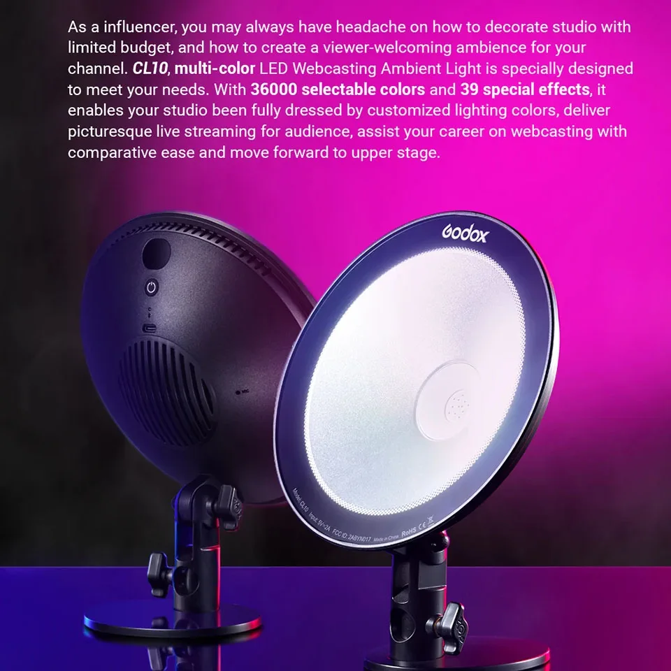 Godox CL10 LED Webcasting Ambient Light Buit-in 39kinds Light Effects 10W Selfie Ring Light for Live Streaming
