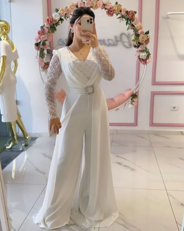 Chiffon Beaded Jumpsuit Prom Dresses with Overskirt Long Sleeve Pastrol Unis Customsized Saudi Evening Gown Suit Garment