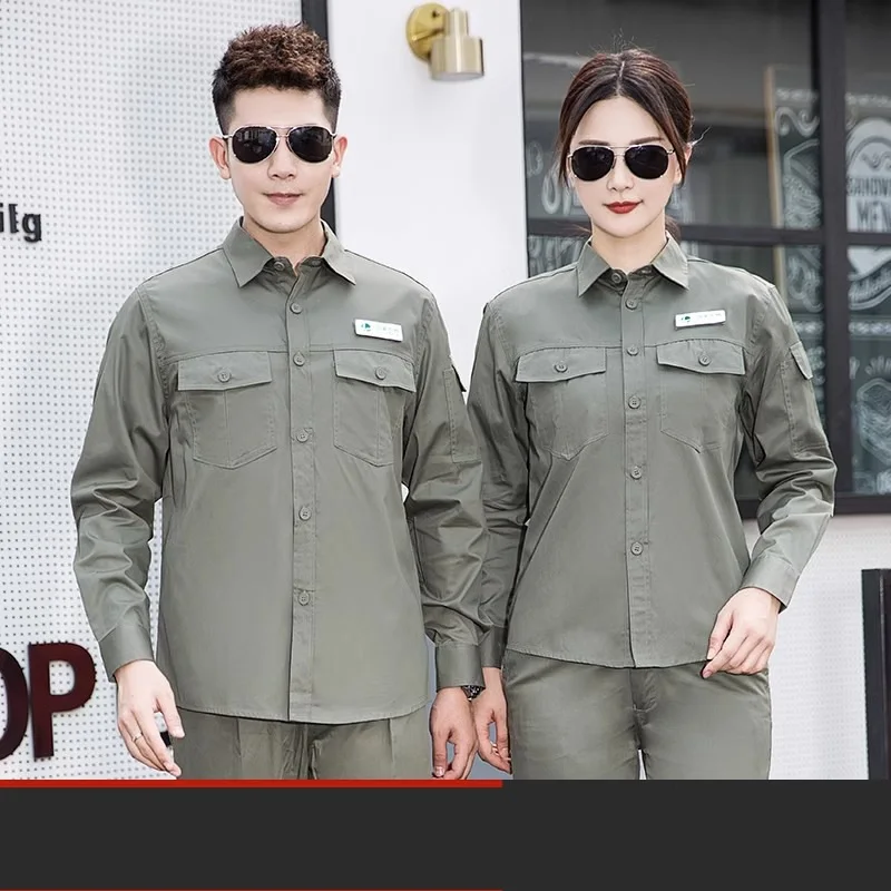 100% algodão verão roupas de trabalho mangas compridas uniformes de trabalho elétrico cor lisa verde macacão de trabalhador terno de trabalho de engenheiro
