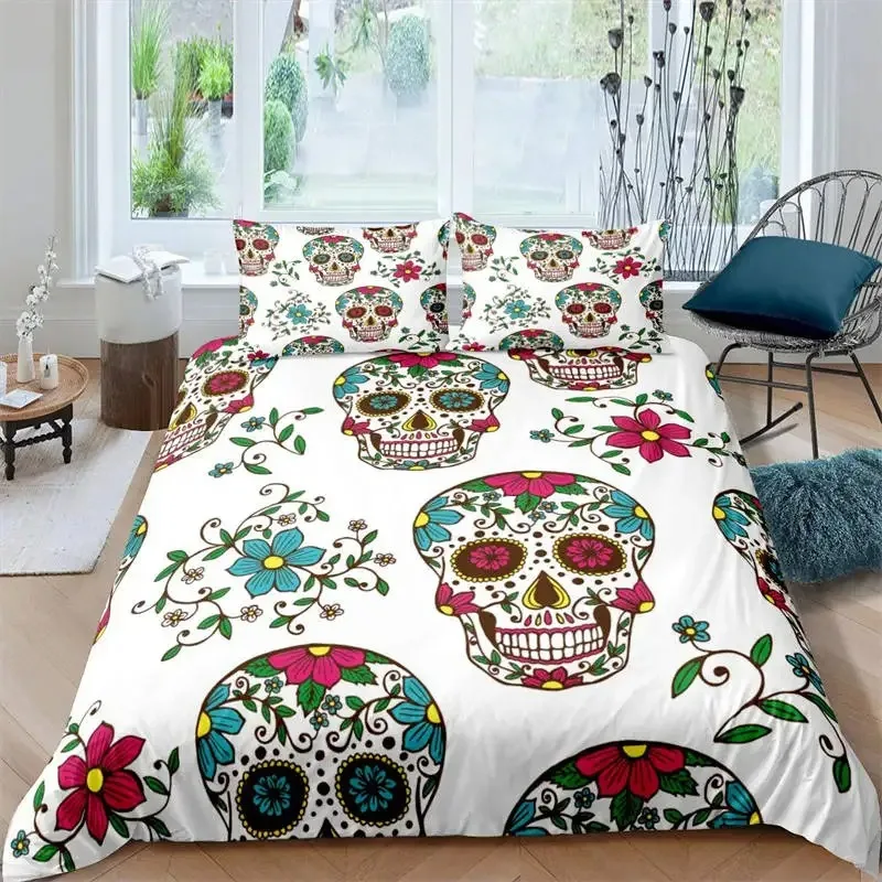 

Sugar Skull Duvet Cover Luxury Gothic Skeleton Bedding Set Halloween Theme Floral Comforter Cover Twin Full For Girls Kids Teens