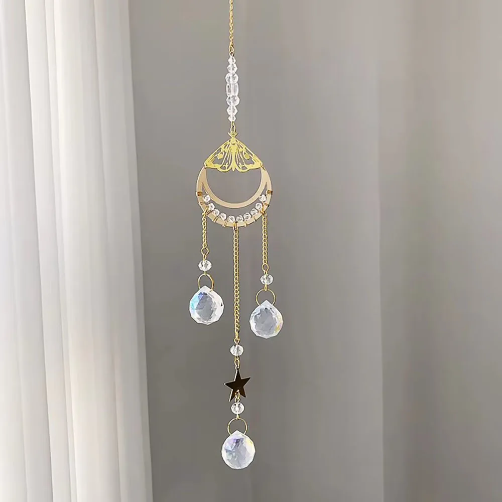 Custom Clear Quartz Butterfly & Moon Sun Catcher Wind Chime - Crystal Hanging Ornament for Window Home Decor & Gift