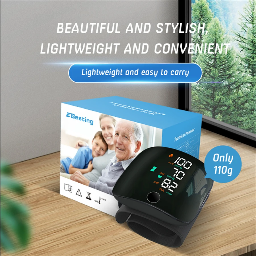 LED Screen Wrist Blood Pressure Monitor English Voice Broadcast Rechargeable Blood Pressure Measuring Device Measurement Record