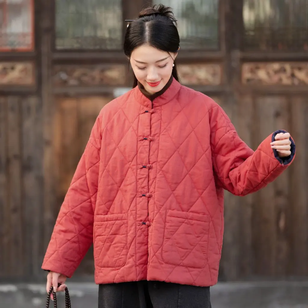 Dames retro opstaande kraag ruit geruite katoenen jas losse pasvorm gewatteerd warm kort katoen linnen mix winter bovenkleding