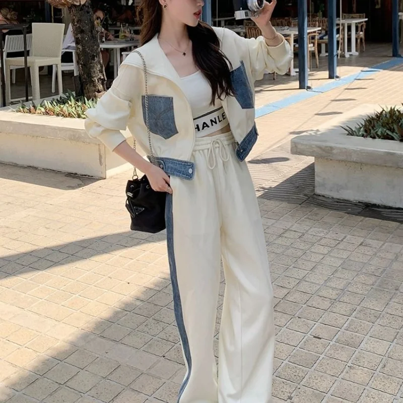 Spring/Autumn Leisure Sports Suit Women\'s New Fashion Color Contrast Cardigan Hoodie High Waist Wide Leg Pants Two Piece Set