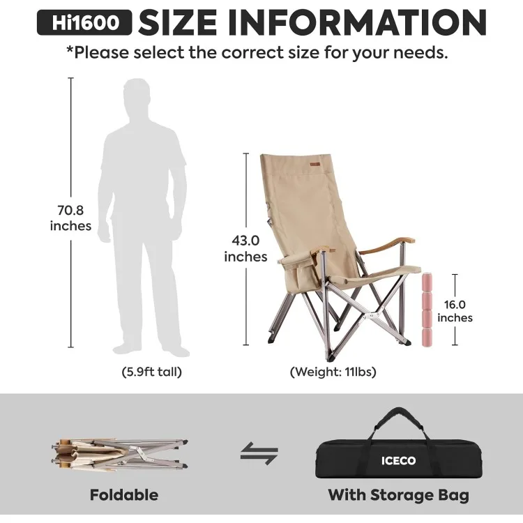 Hi1600 High Back Camping Chairs for Adults, Heavy Duty Folding Chair for Outside, Portable Outdoor Chairs with Storage Bag, Hold