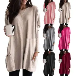 Plus Size Women Solid Color Sweater O-Neck Long Sleeve T-Shirt Tunic Top New Sweater with Pockets 2019