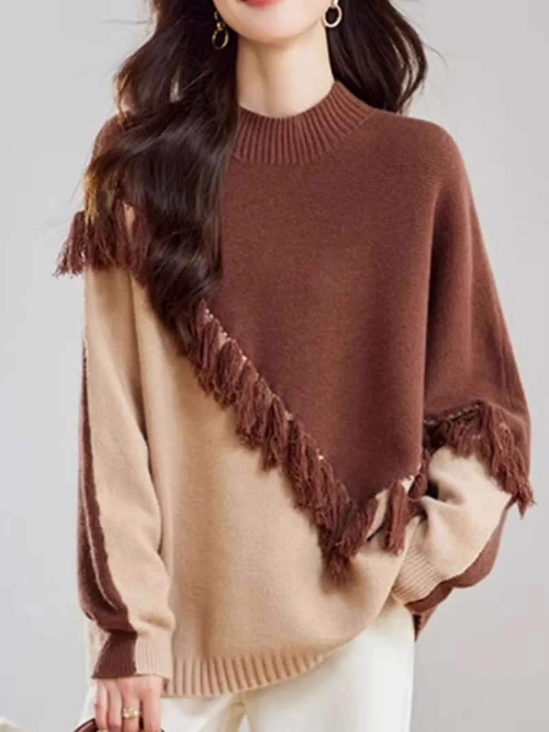 Sweater For Women Spring Autumn Winter Color Blocked Tassel Design, Loose Knit Round Neck Pullover Short Base Top w1505