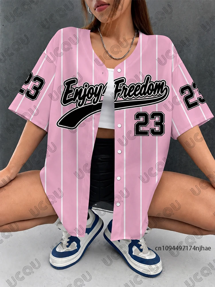 2026 Sommer Neu Retro Schwarz Enjoy Freedom 23 Print Bluse Damen Streetwear Baseball-Shirt Hip Hop Kurzarm Button-Up Oberteil – Detail 8