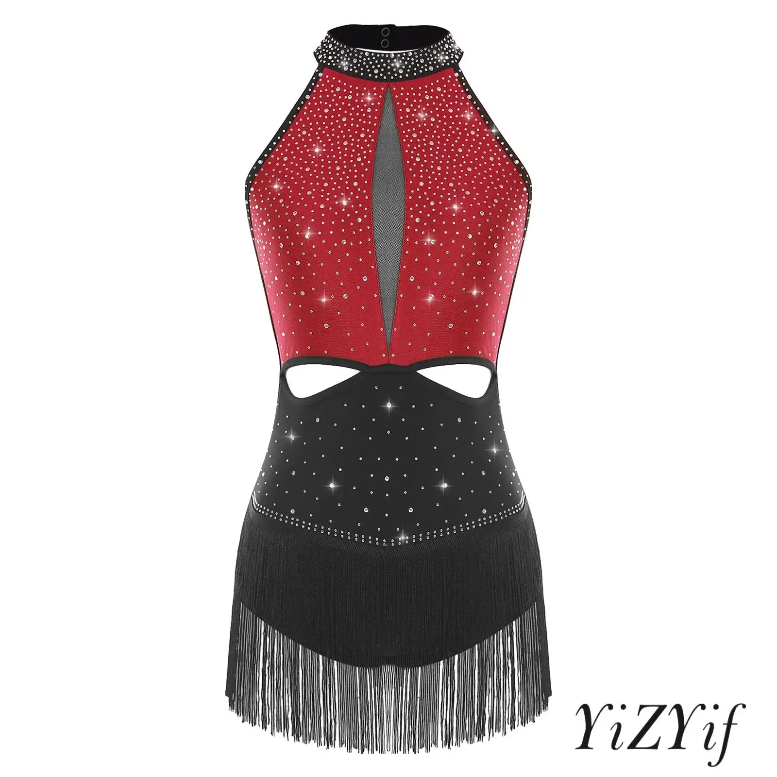

Womens Latin Jazz Dance Leotard Rhinestones Tassel Skirt Backless Contrast Color Bodysuit for Gymnastic Chacha Rumba Dance