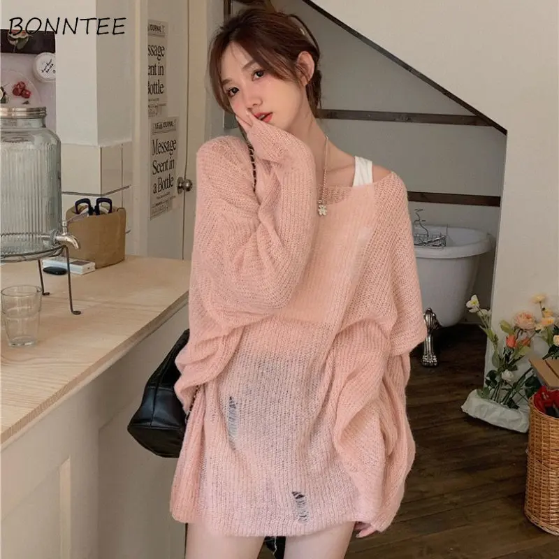 Pullovers Women Baggy Holes Lazy Sweet Chic O-neck Korean Style Spring Knitting Girlish Simple Streetwear All-match Popular Soft