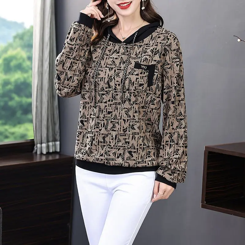 Korean Fashion Printing Long Sleeve Sweatshirts Hooded Loose Casual Drawstring Contrast Pocket Design Diamonds Pullovers Tops