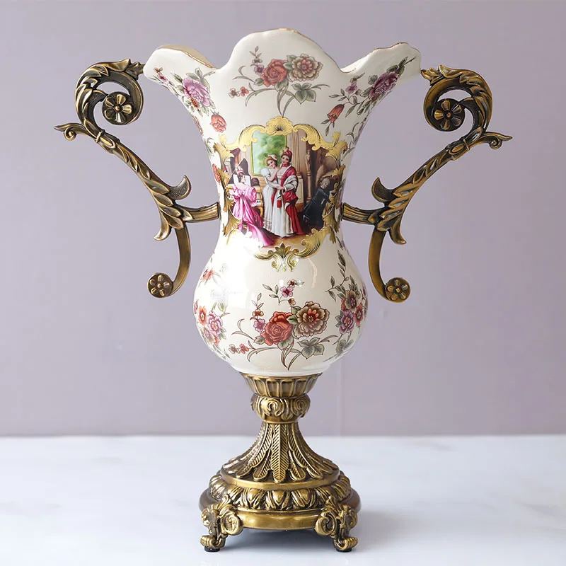 European style high legged double ear vase American style ceramic large vase alloy porch soft decoration handicraft decoration