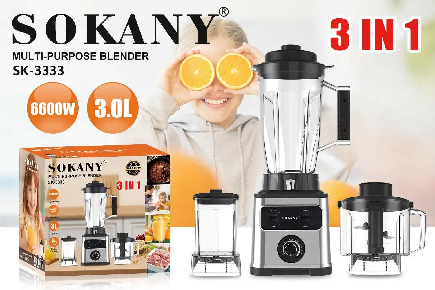 Sokany Stainless Steel Portable Juicer Blender To-Go Cups and Spout Lids Pulse Technology Smoothie Blender 3333