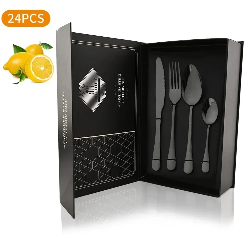 24Pcs Stainless Steel Dinner Black Dinnerware Set Western Spoon Knife Fork Cutlery Set Gift Box Kitchen Tableware Silverware Set