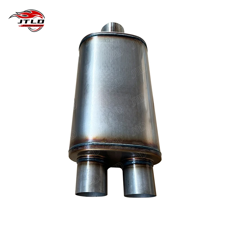 JT12198 Dual Outlet 409SS Universal Muffler, 3in Center Inlet To Dual 2.in Pipes, No Valve, Performance Exhaust Upgrade