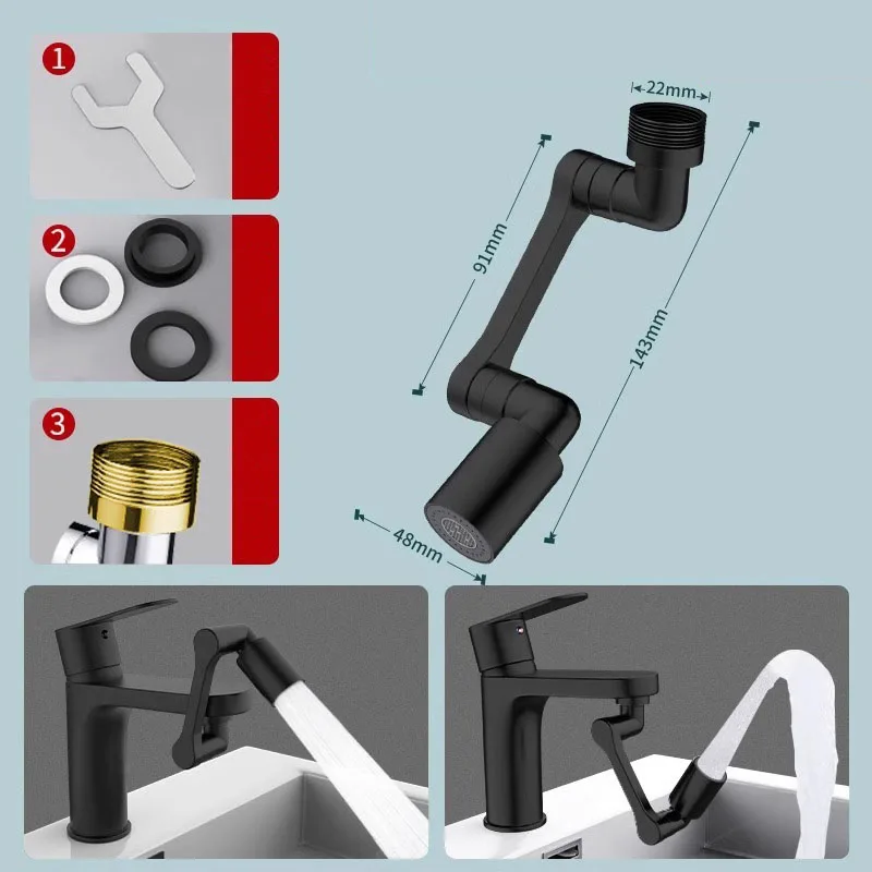 1440 °   Rotatable Scalable Metal Faucet Bathroom Tap Splash-Proof Bubbler Kitchen Faucet Filter Nozzle Tap Water Saving Extender