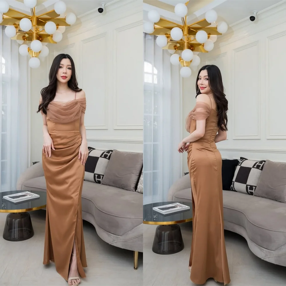 

Customized High Quality Champagne Satin Evening Dress Temperament Strapless Mermaid Zipper Back Side Slit Homecoming Dress