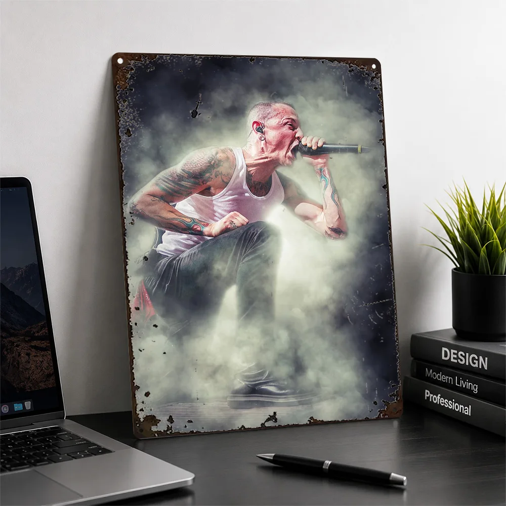 Chester Bennington Crouching Stage Performance Aluminum Poster Smoky Wall Art For Bedroom Personalized Metal Sign Band Fan Gift