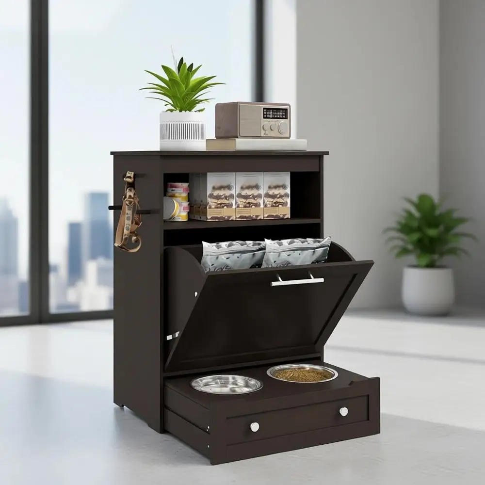 

Приподнятая кормушка для собак с шкафчиком для хранения, вешалкой и принадлежностями для кормления и поения, коричневая