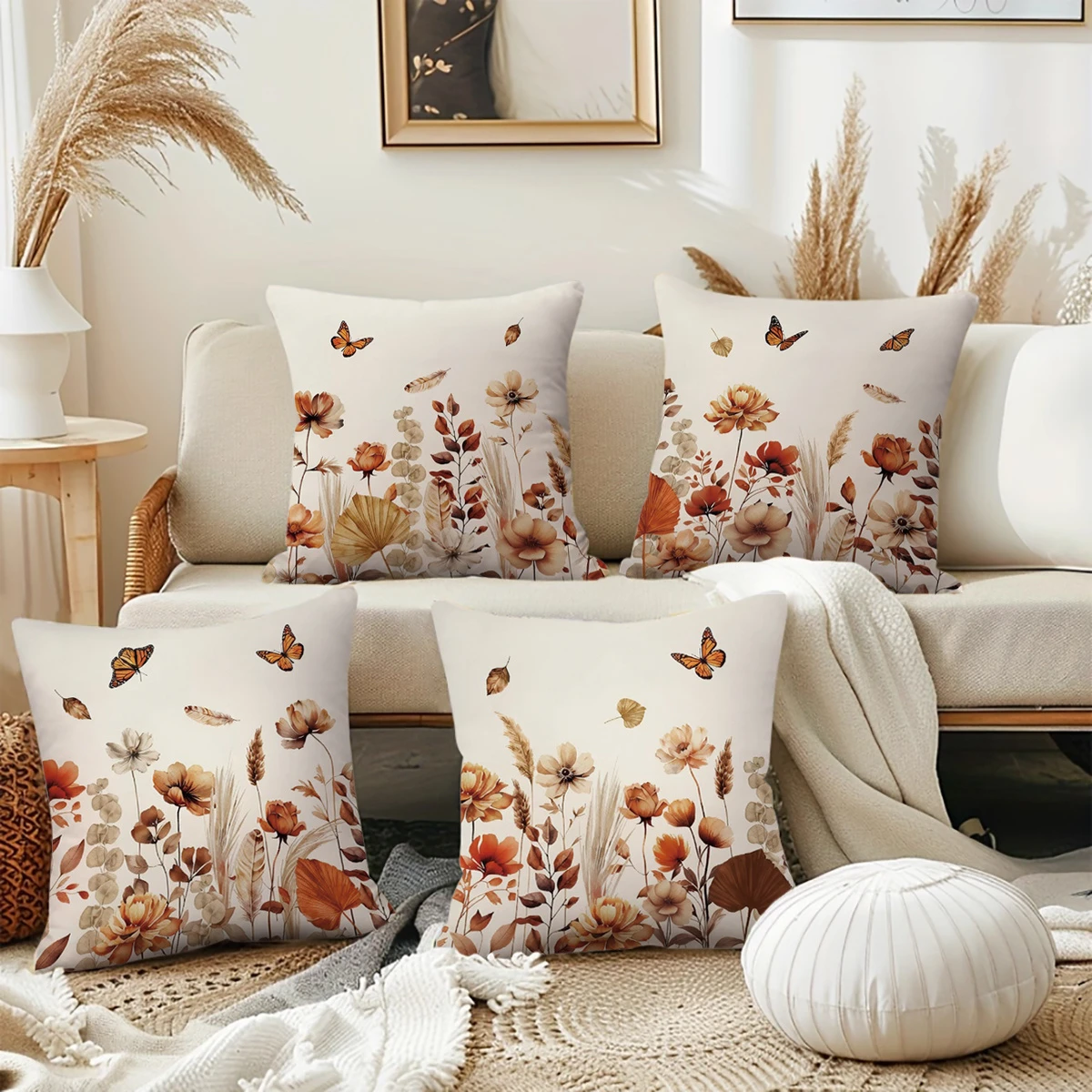4pc Boho Fall Wildflower Throw Pillow Covers Rustic Floral Butterfly Decorative Cushion Cases for Sofa Bedroom Living Room