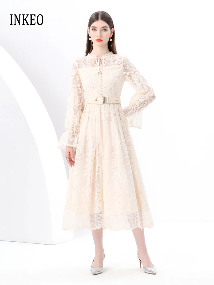 

Elegant Women Lace Embroidery Midi dress with belt 2025 New Luxury O-neck Long sleeve dresses see-through Beige INKEO 5D032