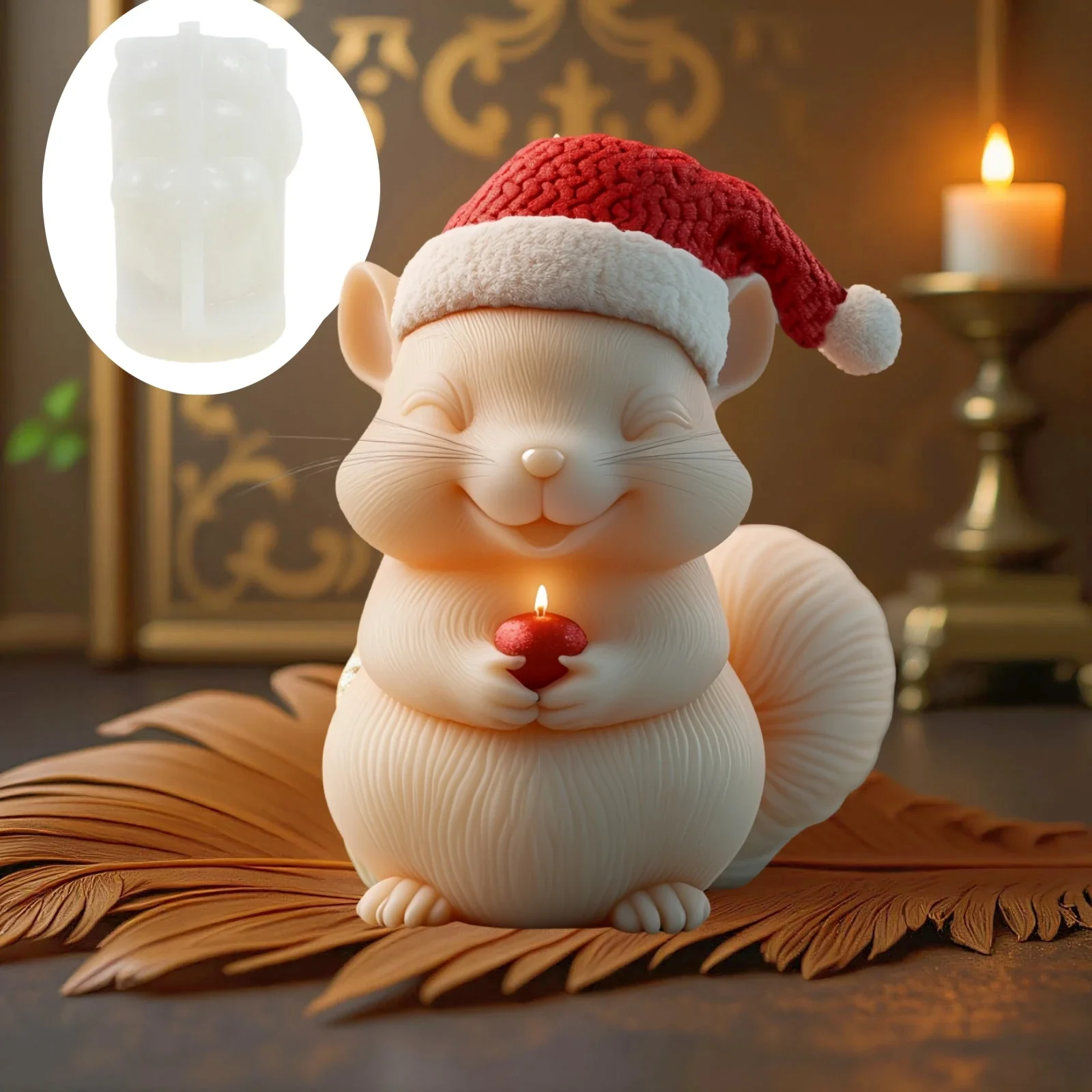 Wear Christmas Hat Squirrel Candle Silicone Mold Smile Squirrel Resin Mould Handheld Gift Christmas Hat Squirrel Gypsum Molds