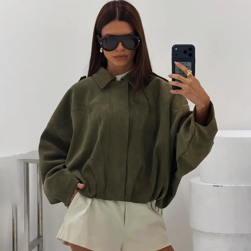 

Ticketsx Fashion Bomber Jacket Women Lapel Zipper Button Patchwork Loose Coat Vintage Casual Autumn Commute High Street Jacket