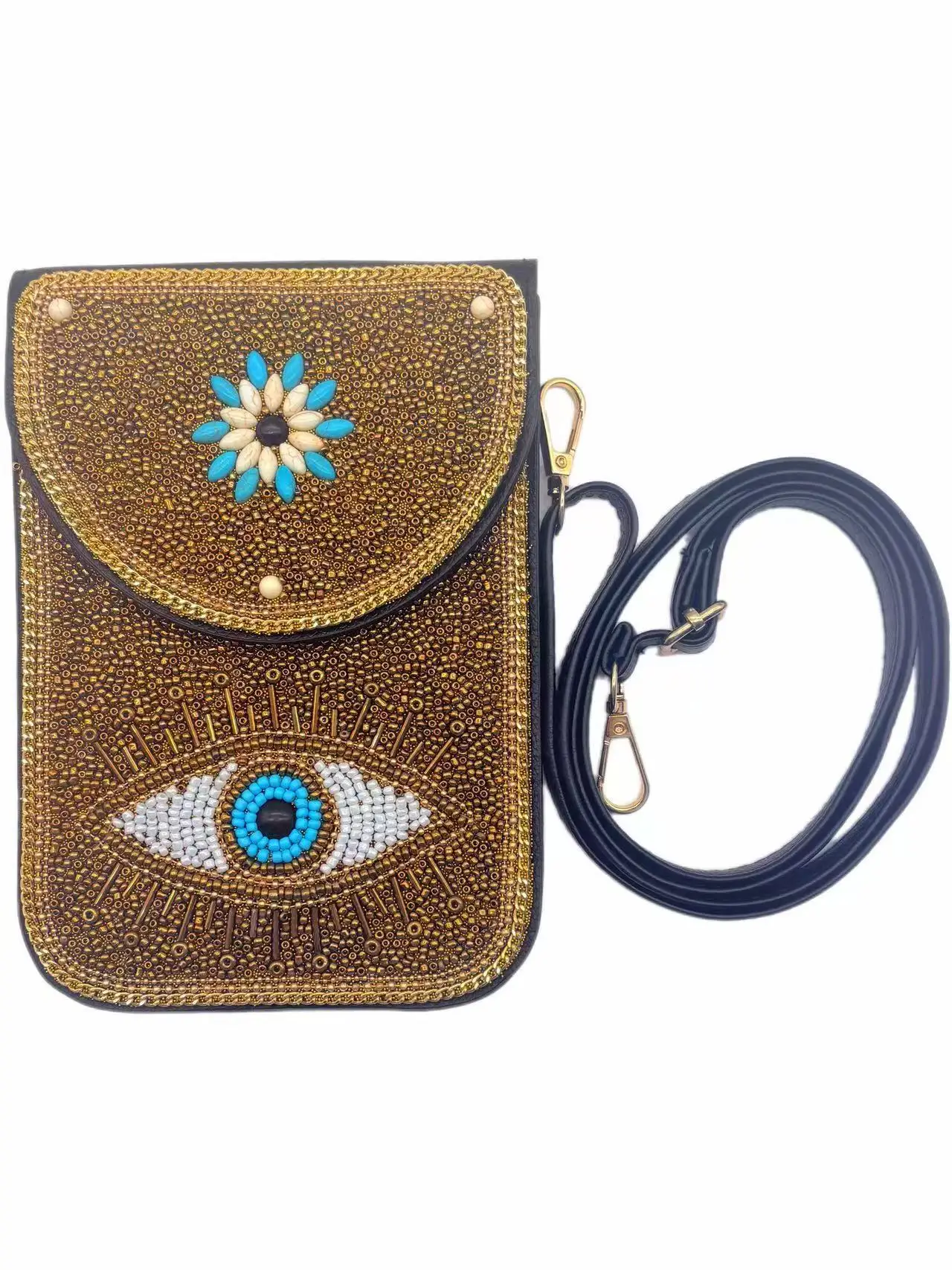 

Devil's Eye Blue Main Pattern Blue And White Flower Decoration Adjustable Black Shoulder Strap Golden Magnetic Buckle