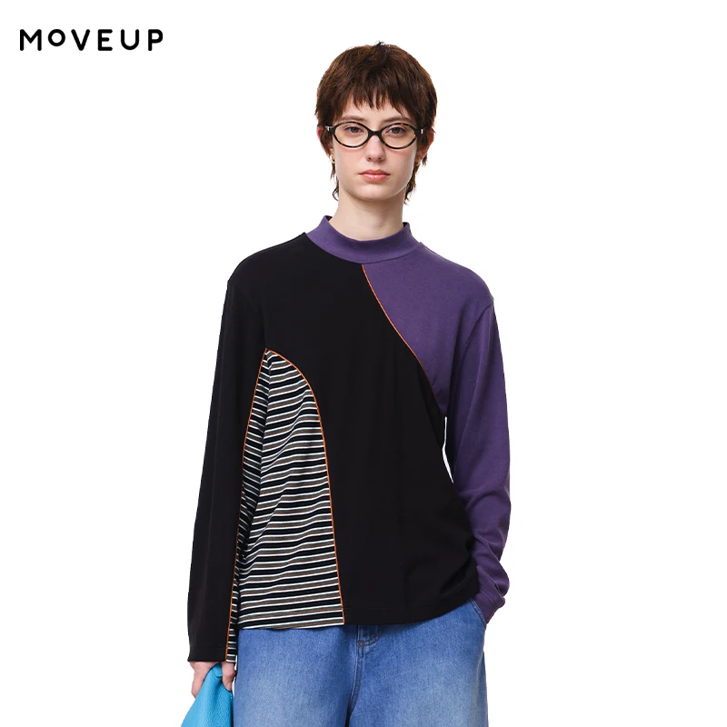 

MOVEUP High Neck Long Sleeved T-Shirt Autumn Contrasting Color Stripe Splicing Tee Retro Casual Fashion Top For Women 3EWQ10584