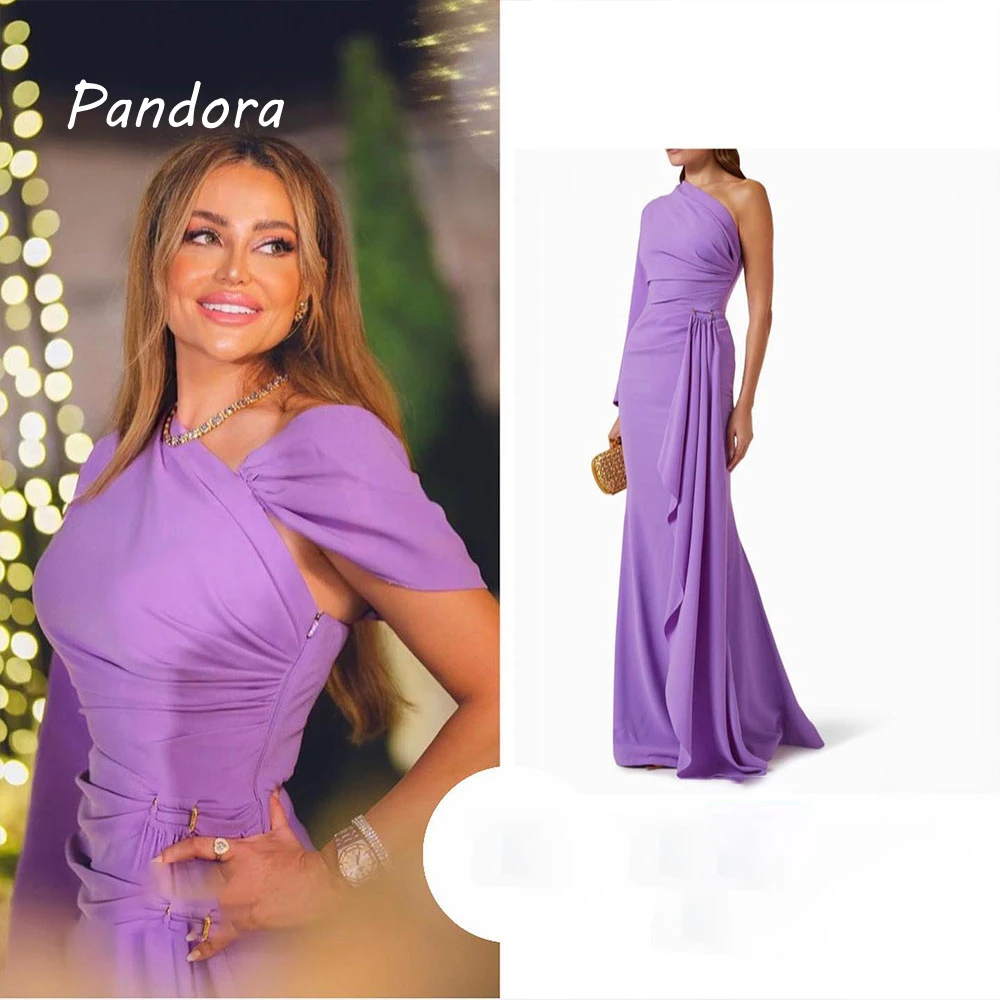 

Pandora women's one-shoulder floor-length long sleeve formal occasion dress Pleated Mermaid Birthday Wedding Evening party gown