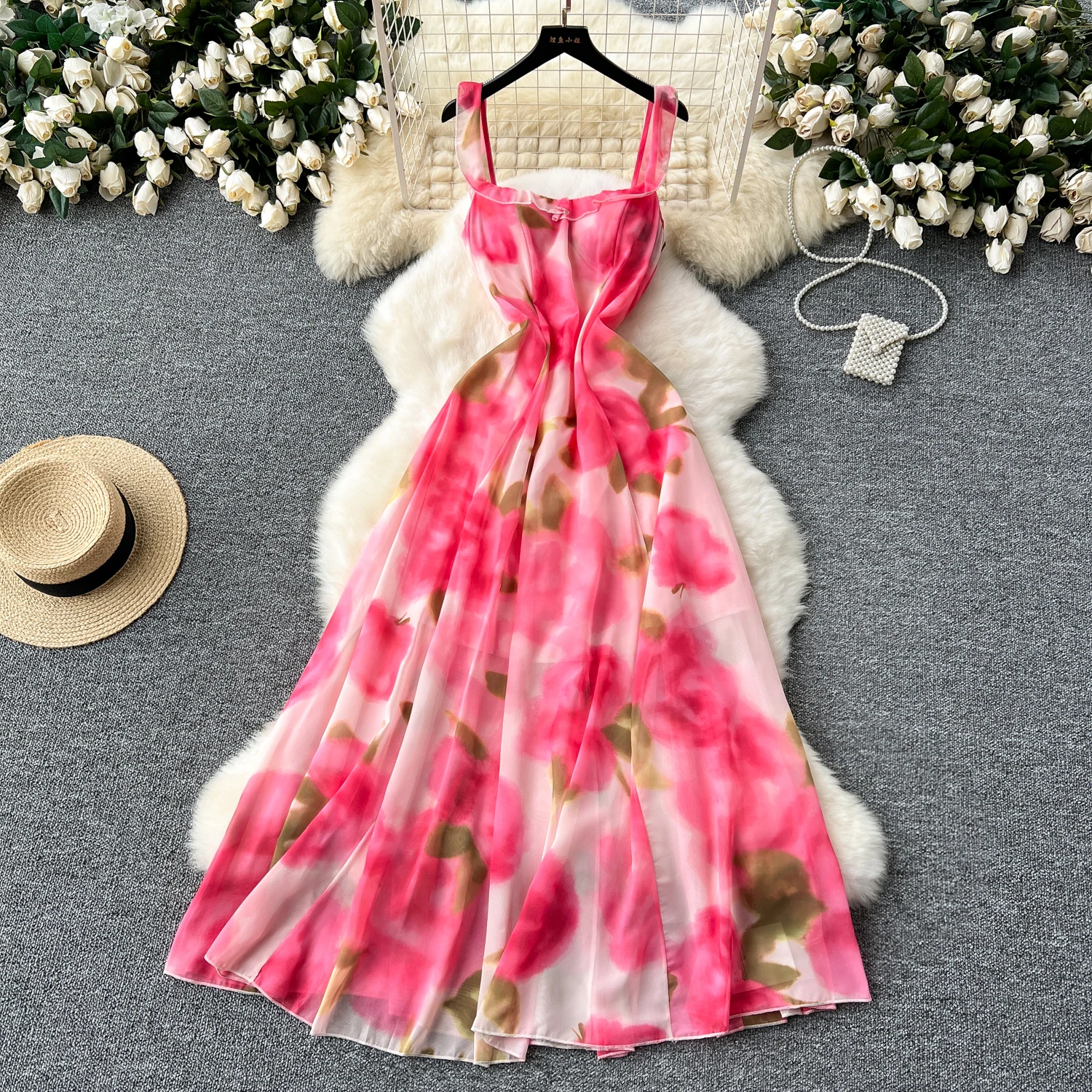 Zomer Elegante Midi Bloemenjurk Voor Vrouwen Tie Dye Bandage Ruffel Chiffon Taille Vrouwelijke Strandvakantie Bohemian Jurken Nieuw In