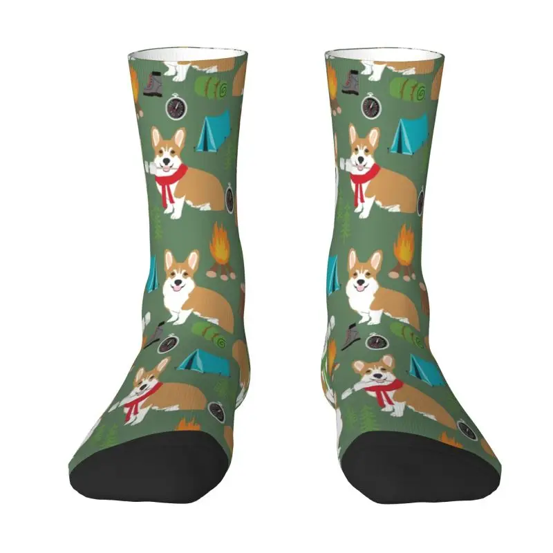 Corgi Camping Dog Dress Socks Men's Women's Warm Funny Novelty Crew Socks