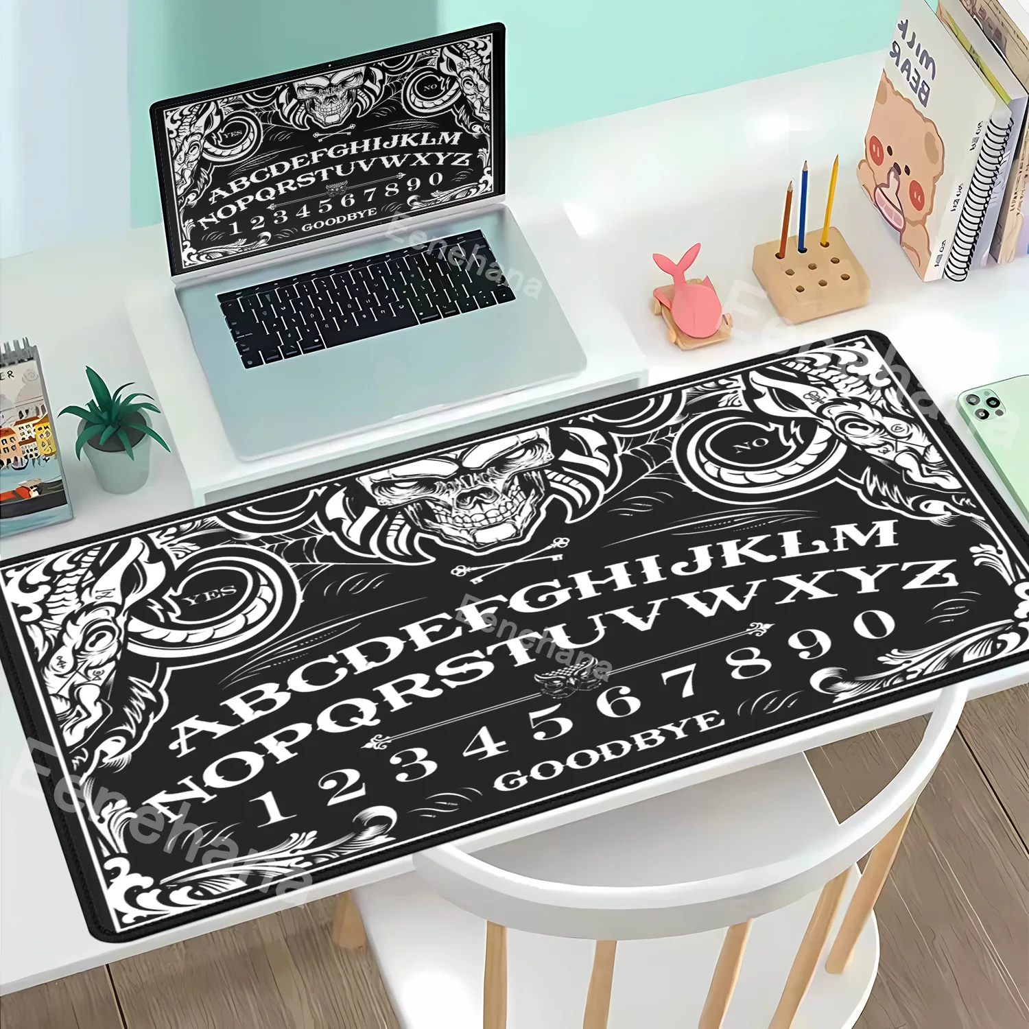 Podkładka pod mysz XXL z motywem planszy Ouija, akcesoria gamingowe do biura, mata na biurko pod klawiaturę, duży dywanik na stół komputerowy, podkładka pod mysz dla graczy PC, czarna.