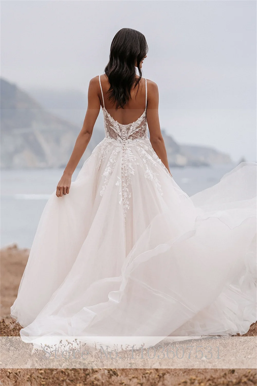 Vestido de novia de corte en A para mujer, traje modesto de tul de encaje con tirantes finos, vestido de fiesta de boda