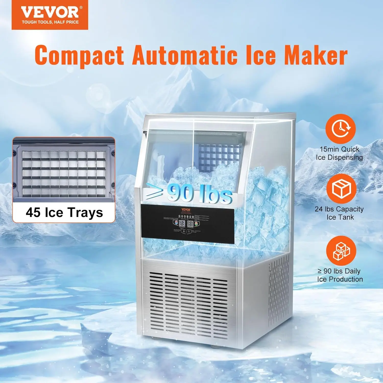 Máquina para hacer hielo, 90 libras/24 horas con contenedor de 24 libras, máquina para hacer hielo comercial de operación automática de acero inoxidable para el hogar