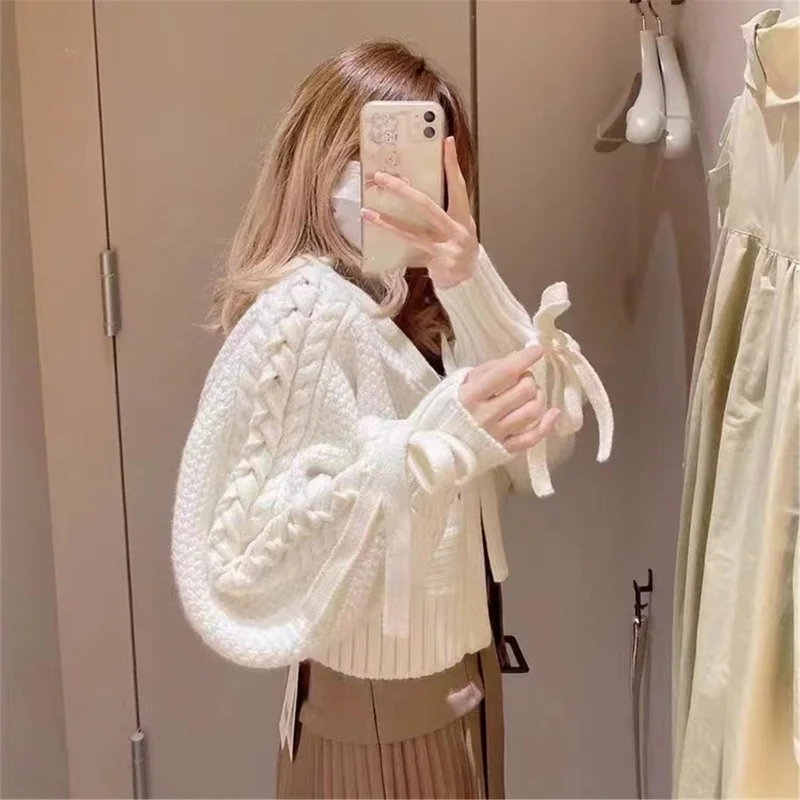 Elegant Chic Bandage Long Sleeve Cardigan Mujer Solid V Neck Open Stitch Brief Women Sweaters JAPAN Knitted Y2k Clothes