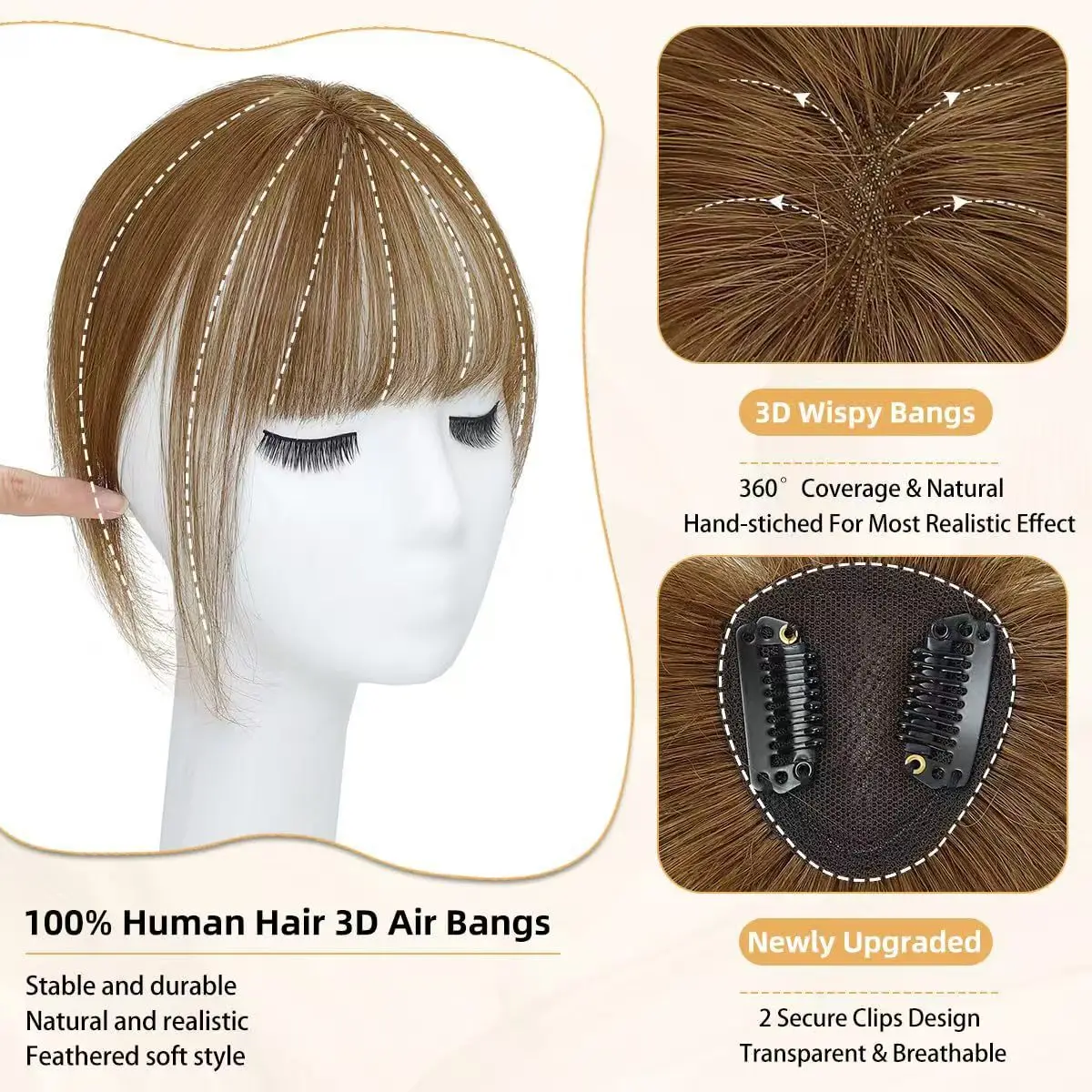 Wig poni udara 3D untuk wanita, 100% potongan rambut manusia gaya Perancis, poni jepit untuk wanita