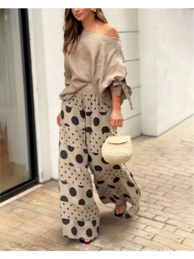 Autumn Elegant Fashion Print Women\'s Suit Two-piece Casual One-Neck Off-Shoulder Long-Sleeve Solid Color Top Loose Culottes Suit