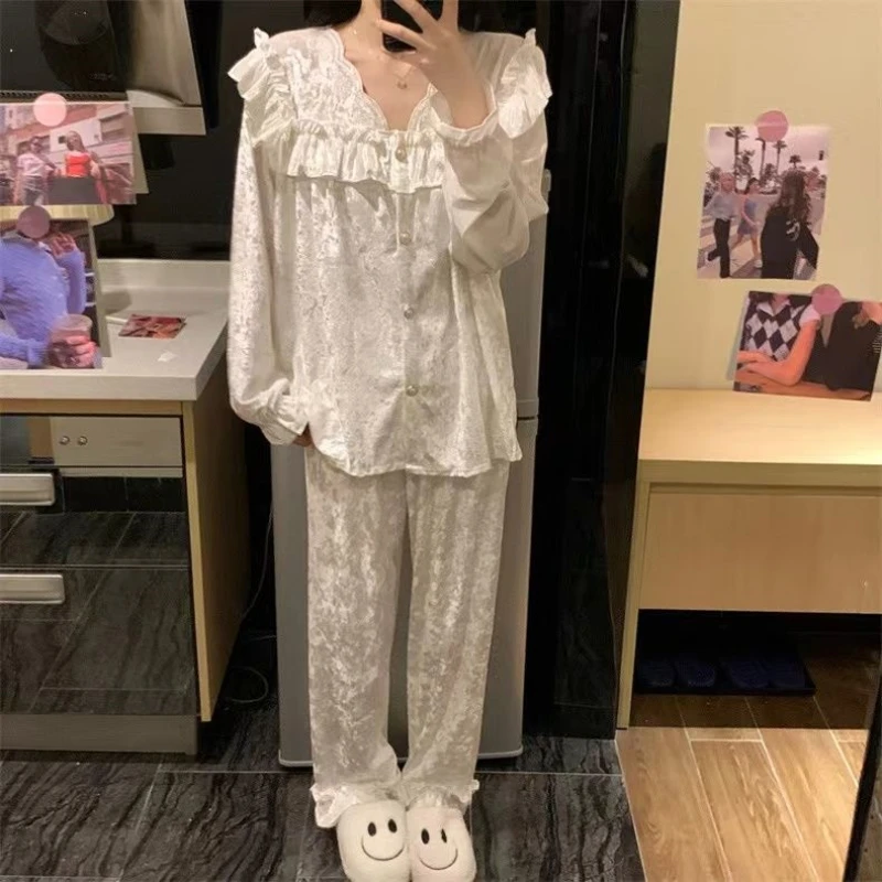 Velvet Pajamas Home Clothes Autumn Winter Palace Style Square Neck Wooden Ear Sided Front Solid Color Flash Fashion Pajamas Set